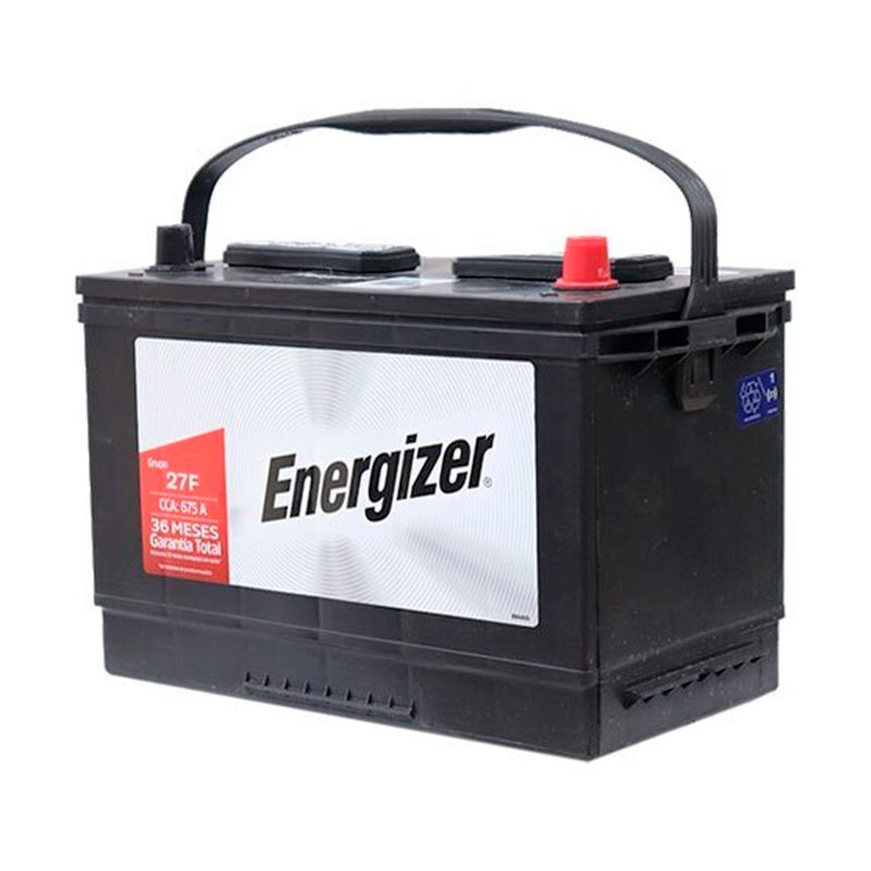 Batería Energizer EN-27F-675, CCA 675 amp, vista frontal en ángulo que muestra el asa negra y el borne positivo rojo