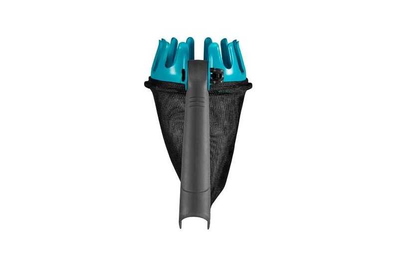 Recolector de frutas cabeza ajustable Combisystem 3115-20 Gardena, vista frontal con bolsa de malla negra y cabeza azul