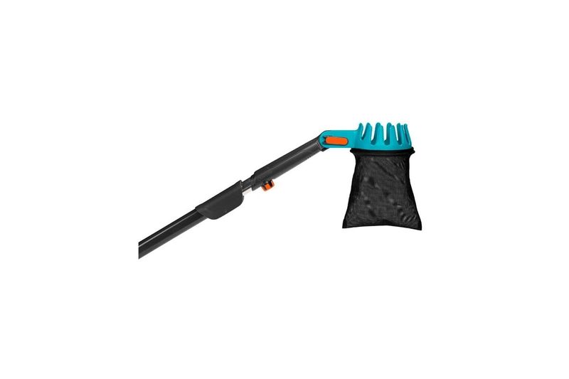 Recolector de frutas cabeza ajustable Combisystem 3115-20 Gardena, vista lateral con cabeza azul y bolsa de malla negra