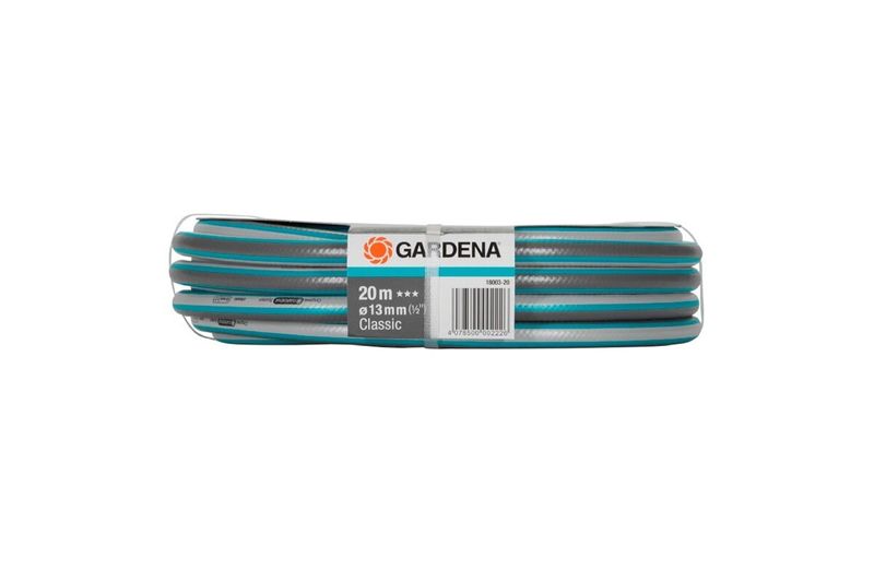 Manguera 20 m Classic 1/2" con juego conectores Gardena, envuelta en plástico transparente con etiqueta blanca