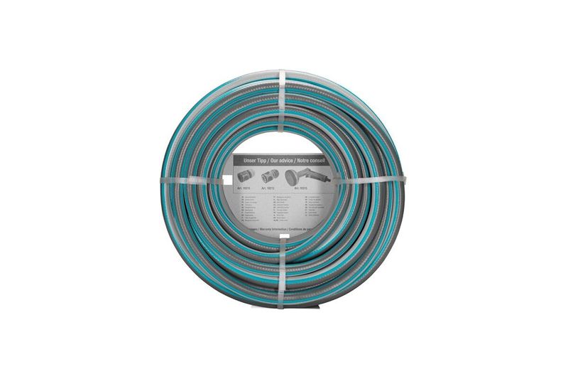 Manguera Classic Gardena de 20 m y 1/2 pulgada con juego de conectores, enrollada con etiqueta informativa central