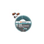 Manguera 20 m Classic 1/2 pulgada Gardena, enrollada en color gris con conectores naranjas y grises al lado