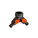 Distribuidor 2 vías 3/4"-1" con cierre ajustable Gardena, cuerpo negro con dos perillas de cierre naranjas