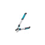 Cortarramas corto 50 cm aluminio bypass 42 mm Gardena, vista lateral completa con mangos plateados y detalles azules