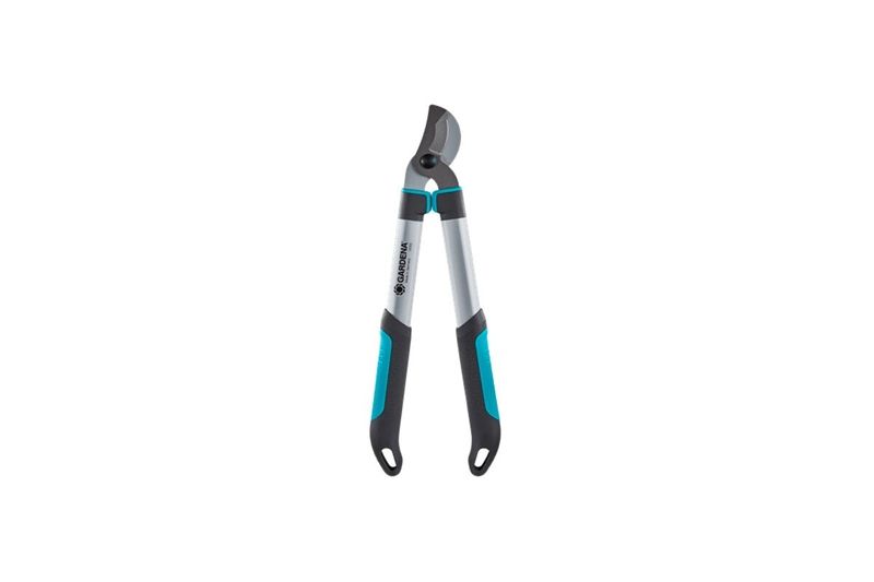 Cortarramas corto 50 cm aluminio bypass 42 mm Gardena, vista frontal con mangos ergonómicos en color gris y azul