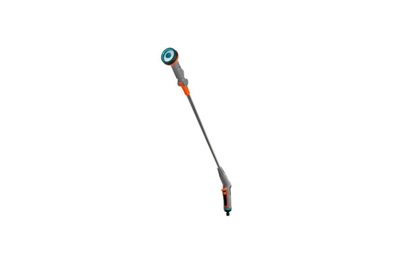 Fusil de riego 2 chorros 90 cm Comfort Gardena, vista lateral completa en colores gris y naranja
