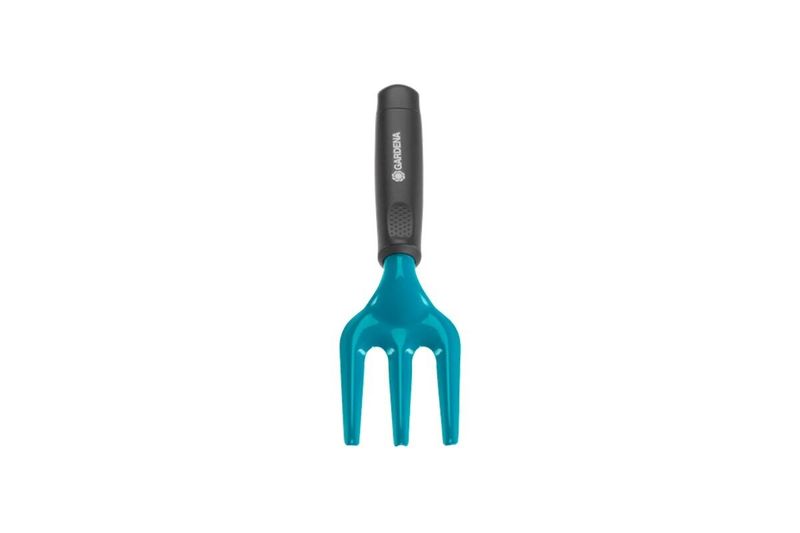 Tridente manual 8 cm metálico plantar Gardena, vista frontal con mango negro y púas de color turquesa