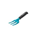 Tridente manual 8 cm metálico plantar Gardena, vista lateral del producto con mango negro y dientes turquesa