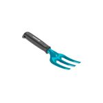 Tridente manual 8 cm metálico plantar Gardena, vista lateral con mango negro y cabeza turquesa