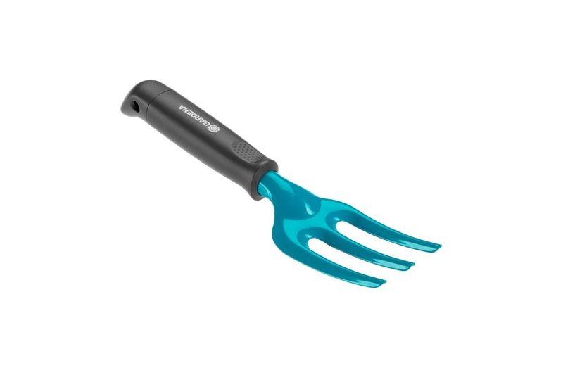 Tridente manual 8 cm metálico plantar Gardena, vista lateral con mango negro y cabeza turquesa