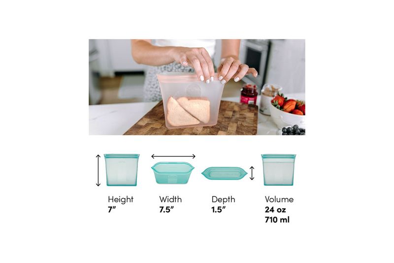 Bolsa de silicone Zip Top de 24 onzas teal, gráfico con dimensiones de altura, ancho, profundidad y volumen