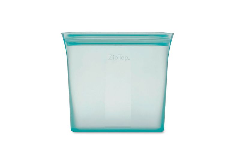 Bolsa de silicone Zip Top de 24 onzas 1 pieza teal, vista frontal centrada con el logotipo de la marca en el centro