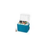 Hielera 60 cuartos azul con ruedas Coleman, abierta y llena de hielo, bebidas y recipientes con comida