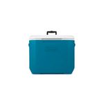 Hielera 60 qt azul con ruedas Coleman, vista frontal con tapa blanca y asa negra