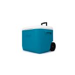 Hielera 60 qt azul con ruedas Coleman, vista lateral con tapa blanca, asa extensible y ruedas negras