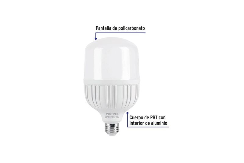 Bombillo LED alta potencia 30 W E27 6500 K 110-220 V Volteck, esquema técnico con señalamientos de sus componentes
