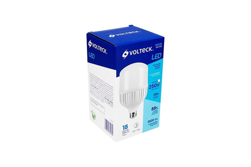 Bombillo LED alta potencia 30 W E27 6500 K 110-220 V Volteck, en su empaque azul con ilustración del producto