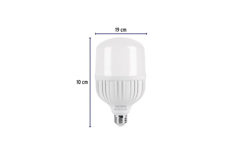 Bombillo LED alta potencia 30 W E27 6500 K 110-220 V Volteck, vista frontal con dimensiones de 19 cm y 10 cm