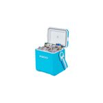 Hielera 11 qt turquesa Tag A Long con correa Igloo, abierta con hielo y tres latas en su interior