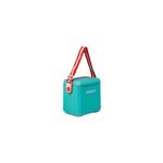 Hielera 11 qt rojo Tag Along con correa Igloo, vista frontal del cuerpo turquesa con correa roja y blanca