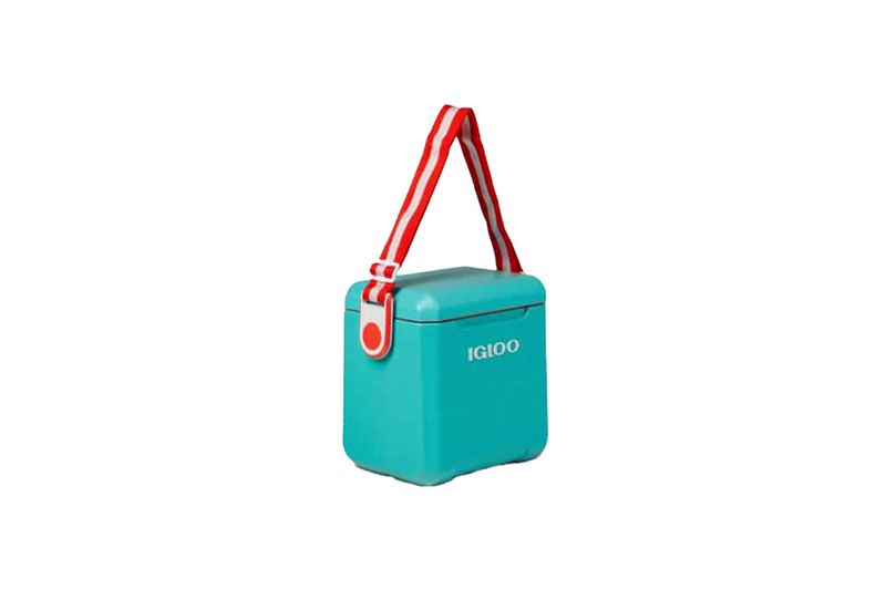 Hielera 11 qt rojo Tag Along con correa Igloo, vista frontal del cuerpo turquesa con correa roja y blanca