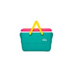 Hielera 25 qt retro picnic turquesa y rosado Igloo, vista frontal con asa amarilla y tapa rosada