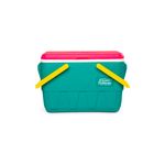 Hielera 25 QT retro picnic turquesa/rosado Igloo, vista frontal con tapa rosada y asas amarillas