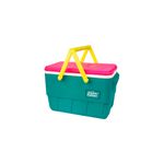 Hielera 25 QT retro picnic turquesa y rosado Igloo, vista frontal con asa amarilla y logo de The Picnic Gasket