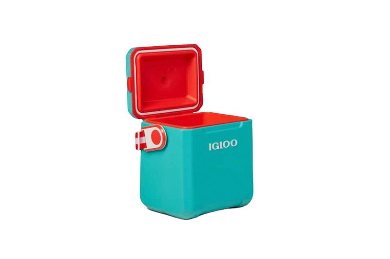 Hielera 11 qt rojo Tag A Long con correa Igloo, abierta mostrando el interior rojo y exterior turquesa