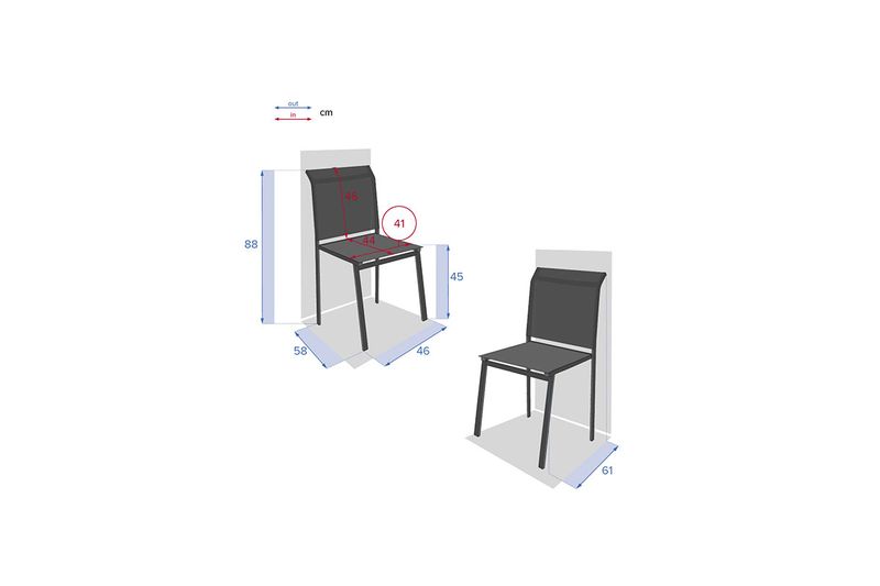 Silla apilable Essentia wengué Hespéride, gráfico técnico con medidas de altura, ancho y profundidad en centímetros