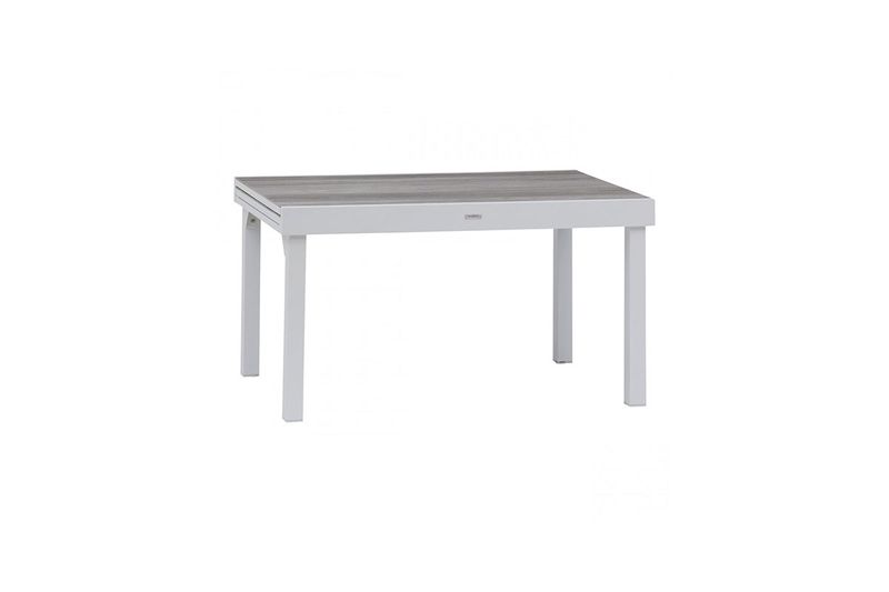Mesa extensible Piazza blanco 10 personas Hespéride, vista frontal con superficie de listones grises y estructura blanca