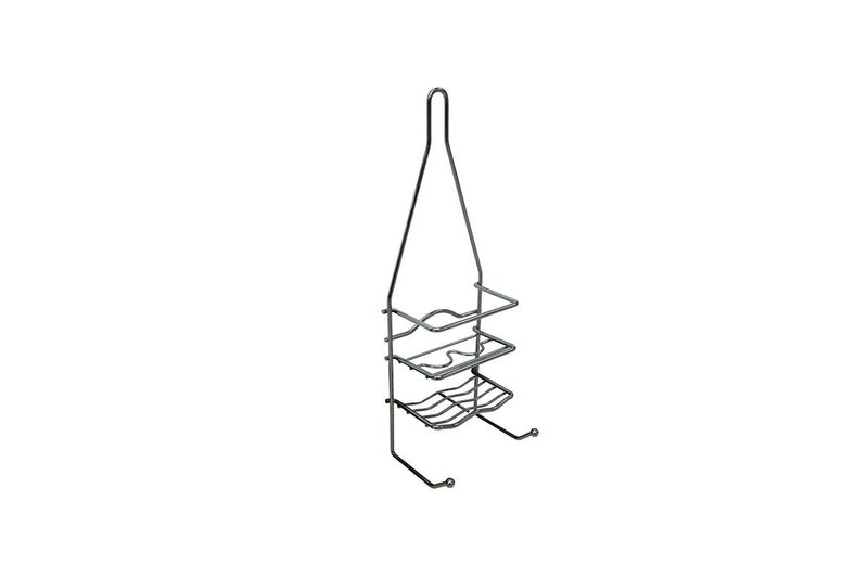 Organizador de baño metálico Bath Bliss, estructura cromada con tres niveles de bandejas y gancho superior