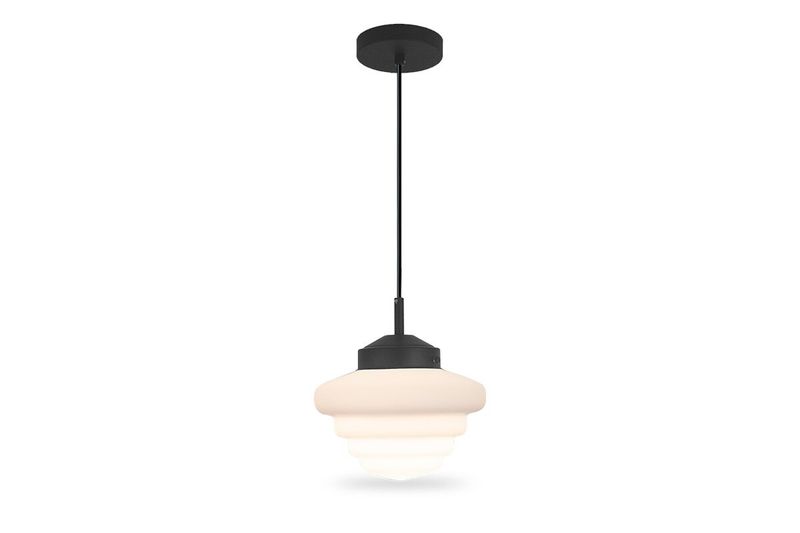Luminaria colgante Helena vidrio lechoso 1xE27 negro Blumenau, vista frontal con pantalla blanca escalonada y cable negro
