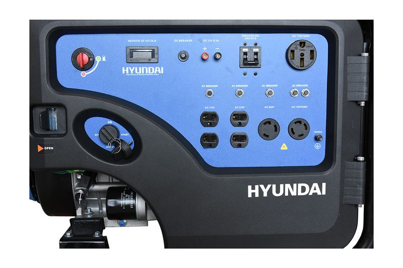 Generador a gasolina Hyundai de 11500 W, 22 HP y 110/220 V, detalle del panel de control azul con tomas y breakers