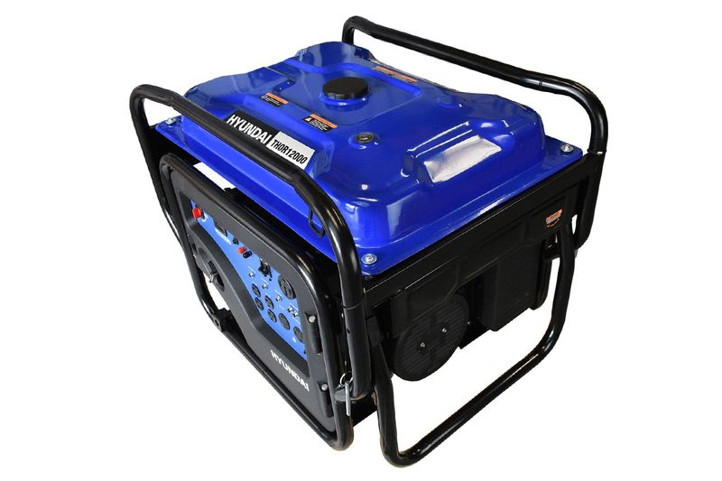 Generador a gasolina Hyundai de 11500 W, 22 HP y 110/220 V, vista superior diagonal resaltando el tanque azul y marco negro