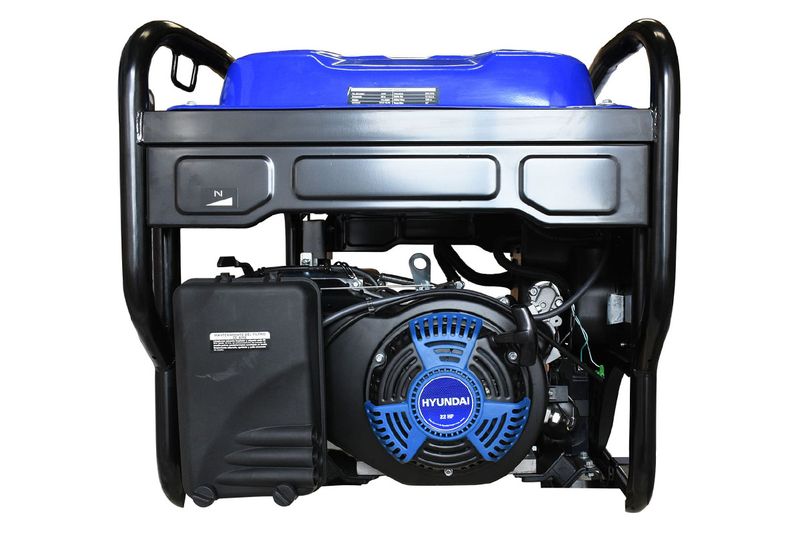 Generador a gasolina Hyundai de 11500 W, 22 HP y 110/220 V, vista frontal del motor con rejilla azul y chasis negro