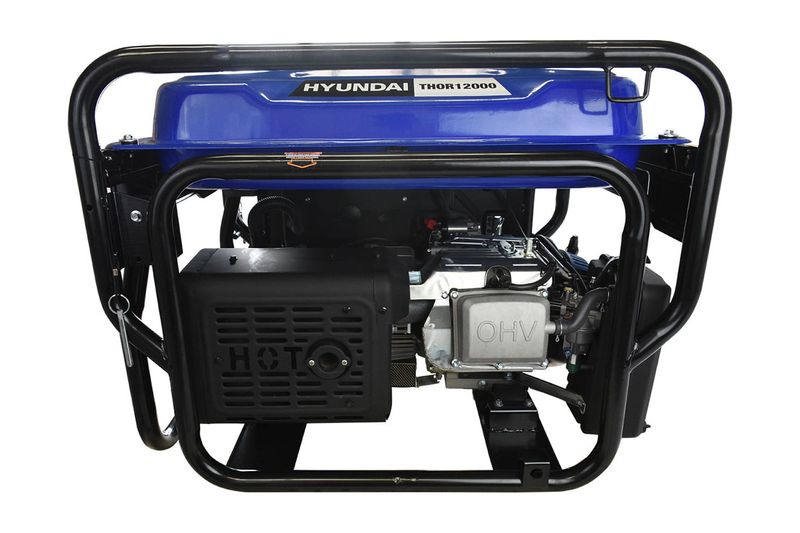 Generador a gasolina Hyundai de 11500 W, 22 HP y 110/220 V, vista frontal del motor OHV y marco protector negro