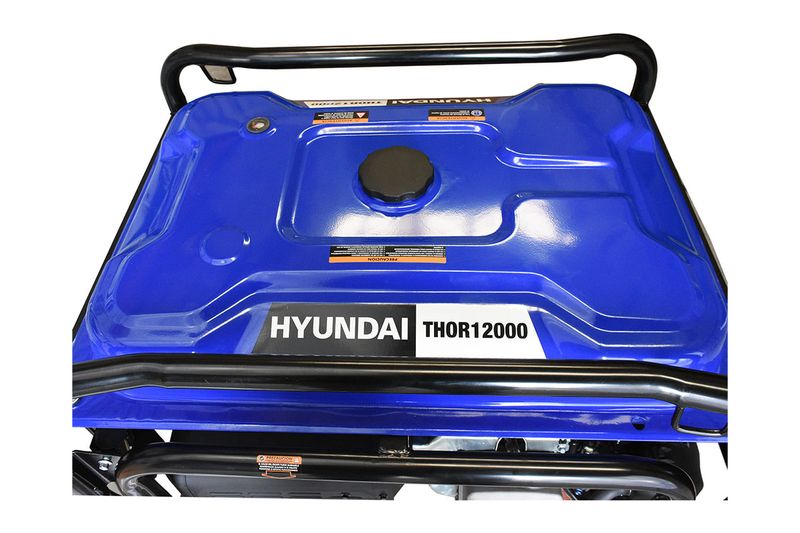 Generador a gasolina Hyundai de 11500 W, 22 HP y 110/220 V, vista superior del tanque azul con tapa negra y marco protector
