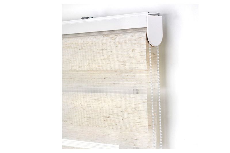 Cortina roller zebra 160 x 180 cm semi opaca marfil New Space, detalle cercano del mecanismo superior y la cadena de mando