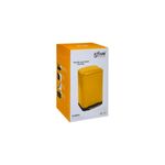Basurero de pedal 30 l metálico amarillo 5five, empaque de cartón amarillo con ilustración del producto y especificaciones