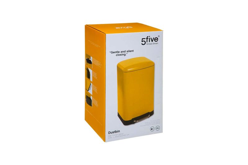 Basurero de pedal 30 l metálico amarillo 5five, empaque de cartón amarillo con ilustración del producto y especificaciones