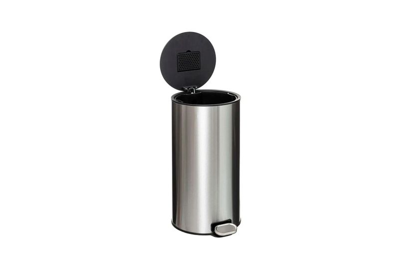 Basurero de pedal 30 l metálico acero 5five, vista frontal con tapa abierta y pedal extendido