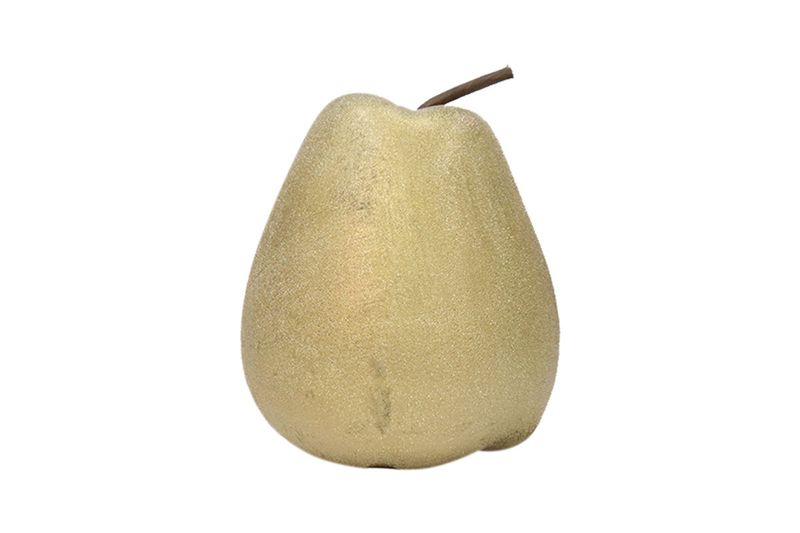 Figura decorativa pera 15 cm Concepts, vista frontal de la escultura en color amarillo con tallo marrón