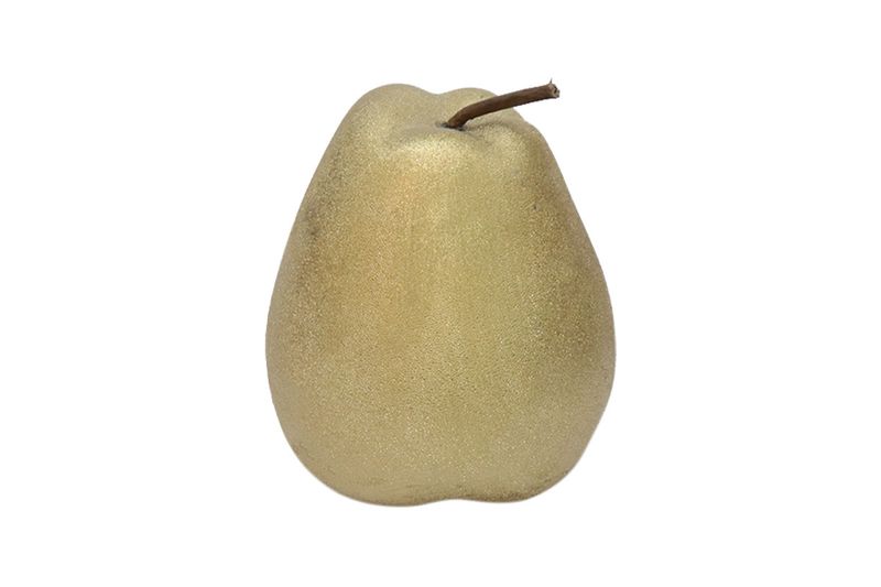 Figura decorativa pera 15 cm Concepts, detalle frontal de la superficie brillante en color dorado con tallo marrón