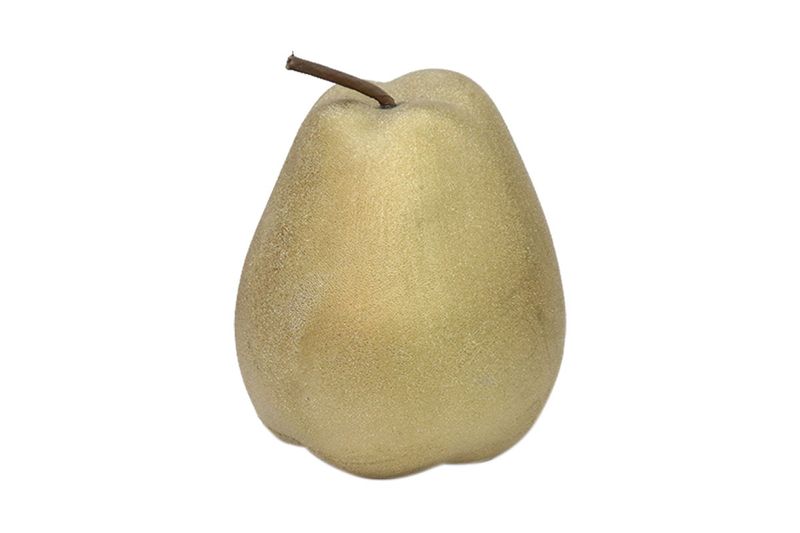 Figura decorativa pera 15 cm Concepts, primer plano frontal de la escultura en color dorado con textura granulada