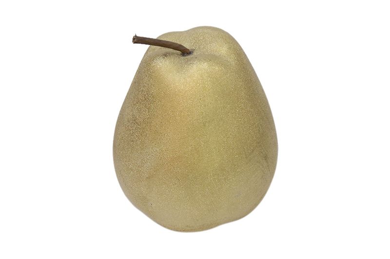Figura decorativa pera 15 cm Concepts, vista frontal del adorno en color dorado con textura granulada y tallo marrón