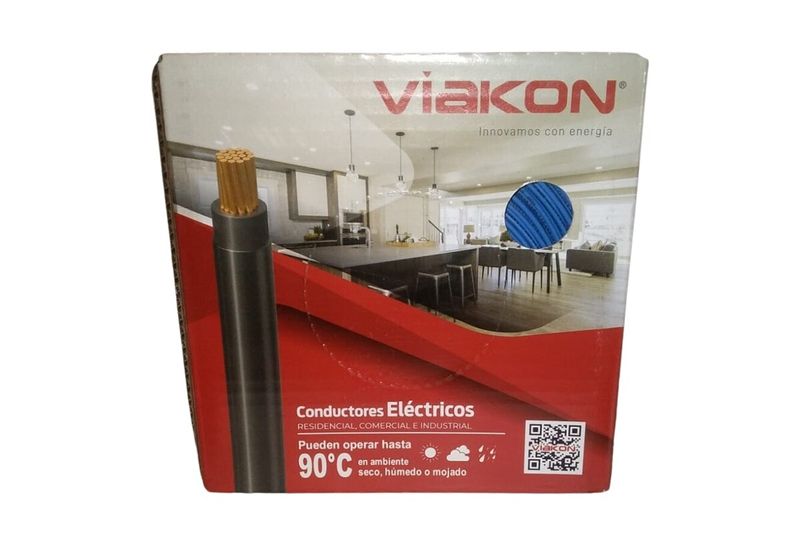 Cable THHN caja Viakon de 14 azul, empaque de cartón con ilustración del conductor y ventana circular con el cable