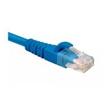 Patch cord Cat6A UTP LSZH de 5 pies azul Nexxt, primer plano del conector RJ45 transparente y el recubrimiento azul