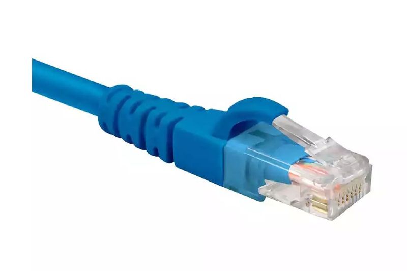 Patch cord Cat6A UTP LSZH de 5 pies azul Nexxt, primer plano del conector RJ45 transparente y el recubrimiento azul