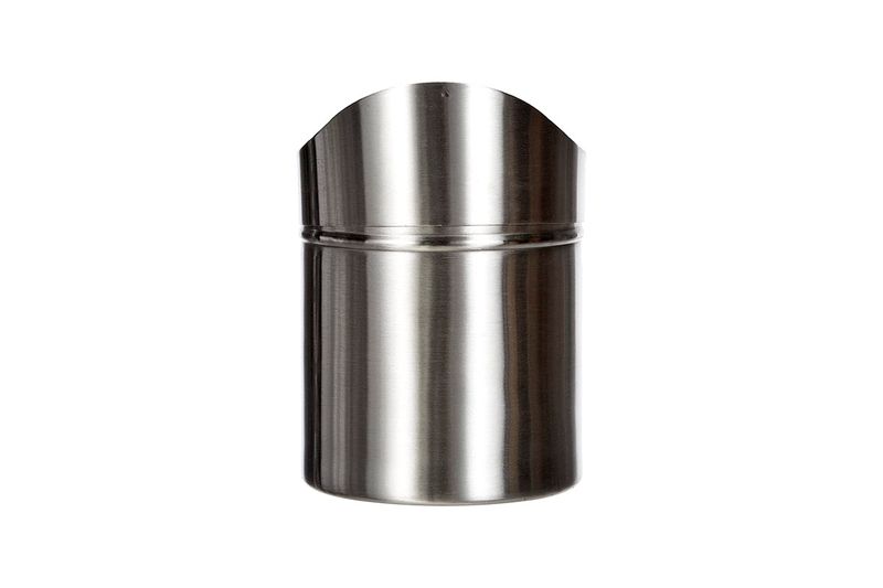 Mini basurero 1.5 l tapa giratoria Koopman, vista frontal del cuerpo cilíndrico en acero inoxidable